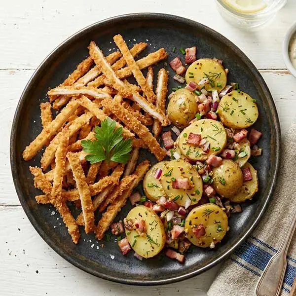 Crispy Chicken Schnitzel with Warm German Potato Mix